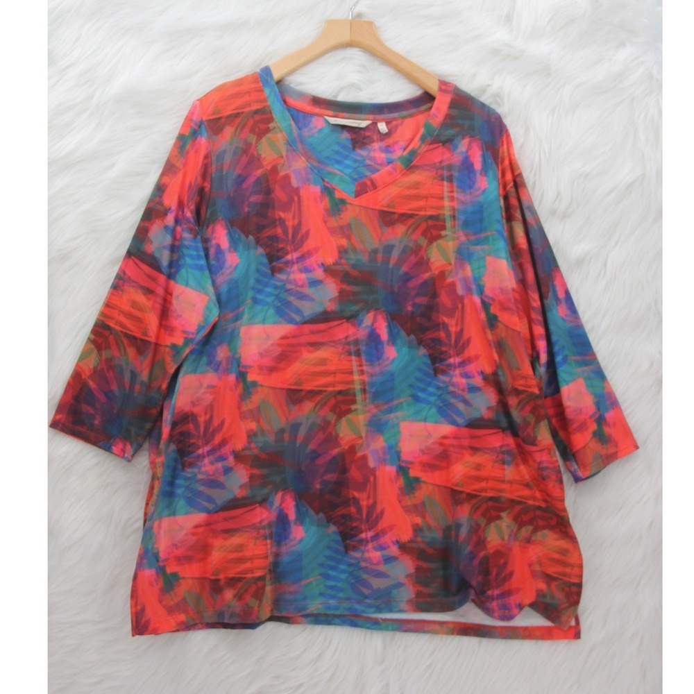 Soft Surroundings Women's 2X V Neck Top Maximalist Abstract Red Blue 3/4 Sleeve